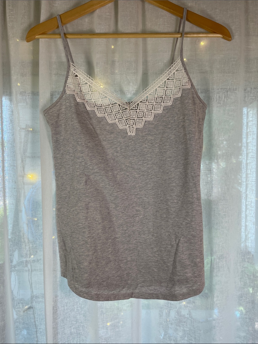 LOFT Gray Camisole with Cream Lace V-Neck